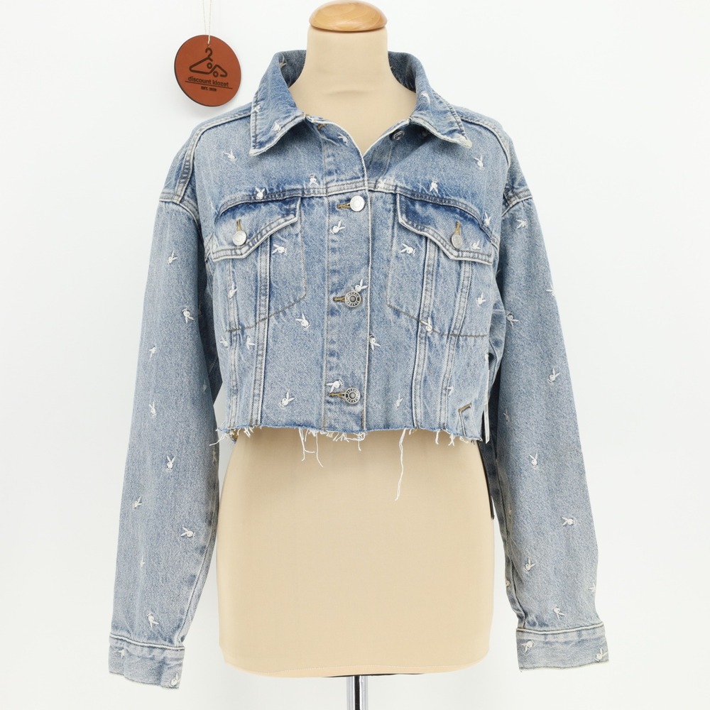 Playboy X Pacsun Embroidered Bunny Cropped Denim Jacket Light Wash‎ Size XS/S